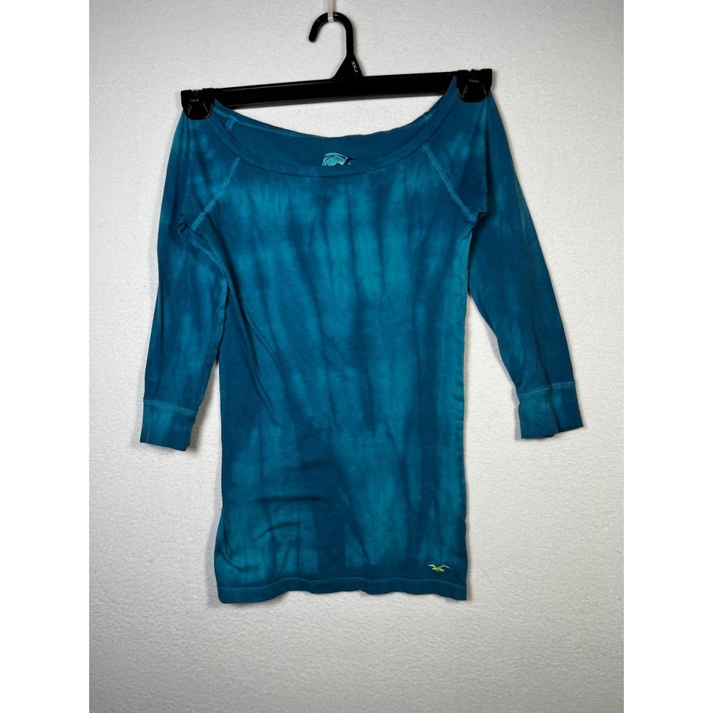 HOLLISTER 3/4 Sleeve Teal Tye Dye Tee Junior Girls Size LARGE Slim Fit